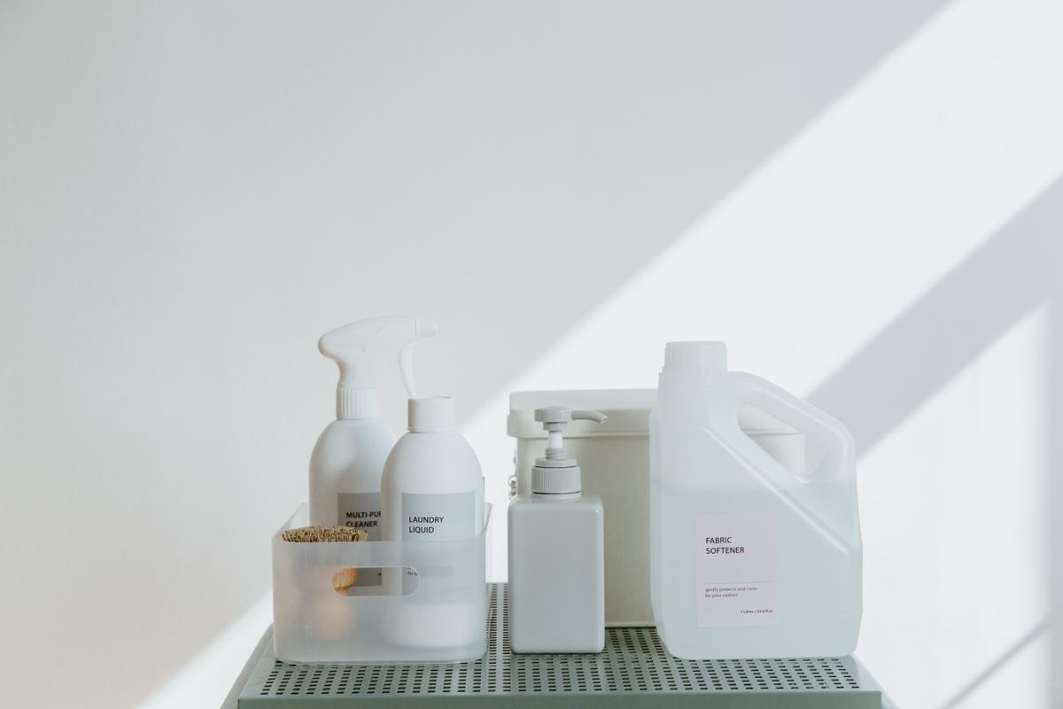 Cleaning products in a bright, tidy space